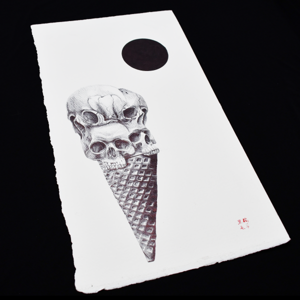 Ballpoint Pen on Special Paper "Skulcon" is a striking and thought-provoking artwork by London-based artist Kyu. This piece juxtaposes the imagery of a skull with a playful cone, creating a surreal and edgy visual statement. The work challenges traditional perceptions of life and death, infusing the macabre with a sense of whimsy and unexpected creativity. Executed with incredible precision using a ballpoint pen, the detailed textures of the skull and cone demonstrate Kyu’s technical skill and artistic depth. This is an original artwork, not a reproduction, crafted on premium 320gsm thick paper, ensuring its durability and high-quality finish.